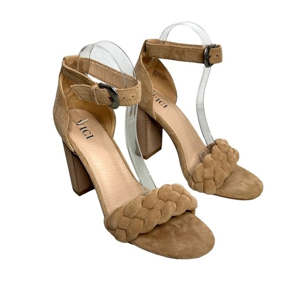 Vici Womens Braided Heels Size 8 Beige Brown Stacked Heels Ankle Strap - Picture 1 of 9